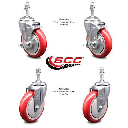 Service Caster 5 Inch Red Polyurethane Wheel Swivel 10mm Threaded Stem Caster Brake, 2PK SCC-TS20S514-PPUB-RED-TLB-M1015-2-S2